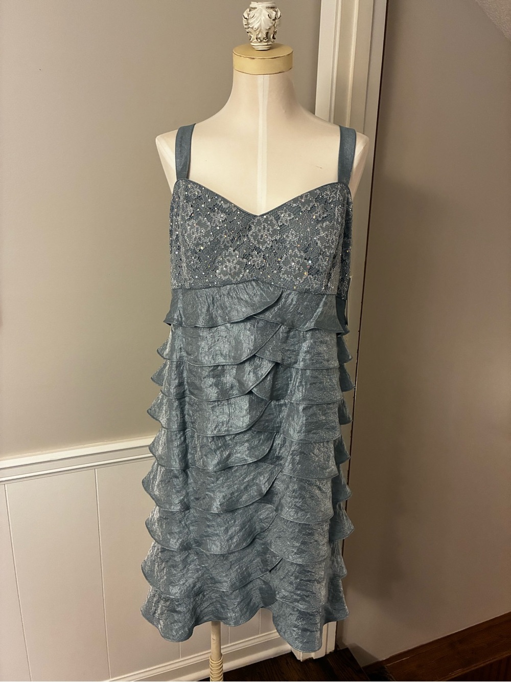 R&M Richards Dusty Blue Ruffled Lace Cocktail Dress